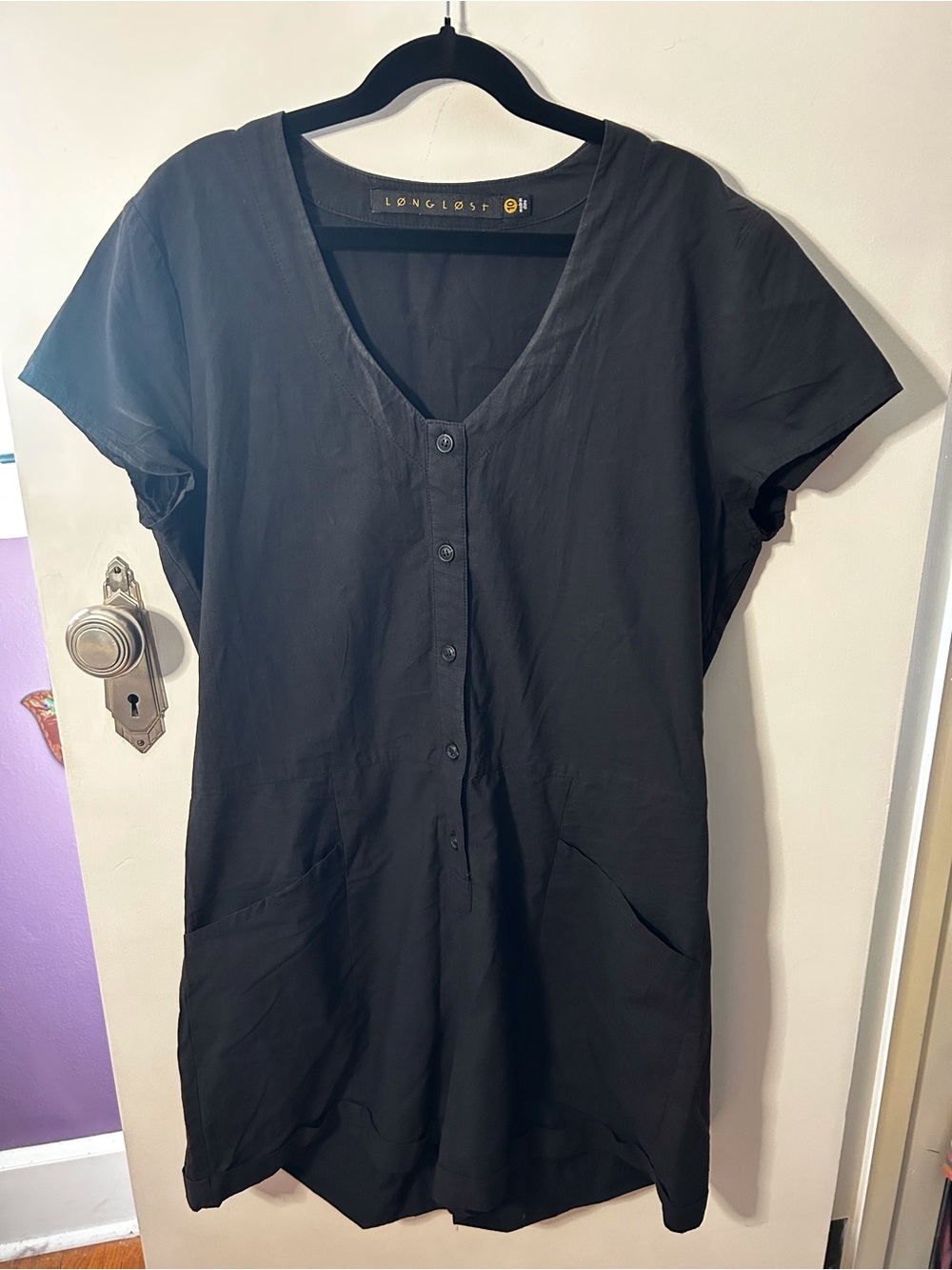 Black LongLost V-Neck Button Front Romper with Pockets